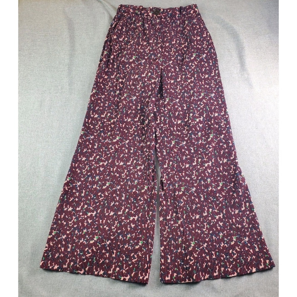 ACNE STUDIOS Pleated Pants Womens 26X29 Burgundy Abstract Print Wide Leg Flare